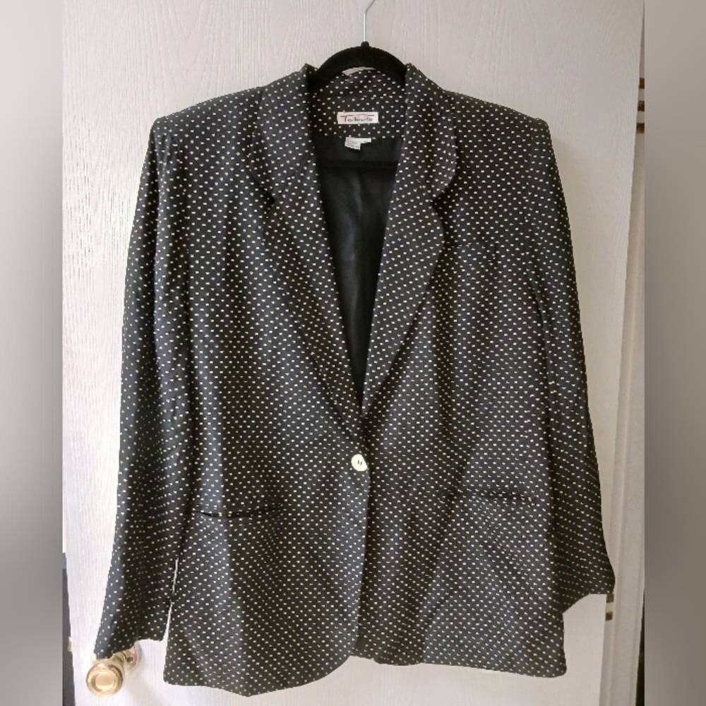 Vintage Silk Talbots Blazer Black/cream Polka Dots Modest Shoulder Pads Sz 10